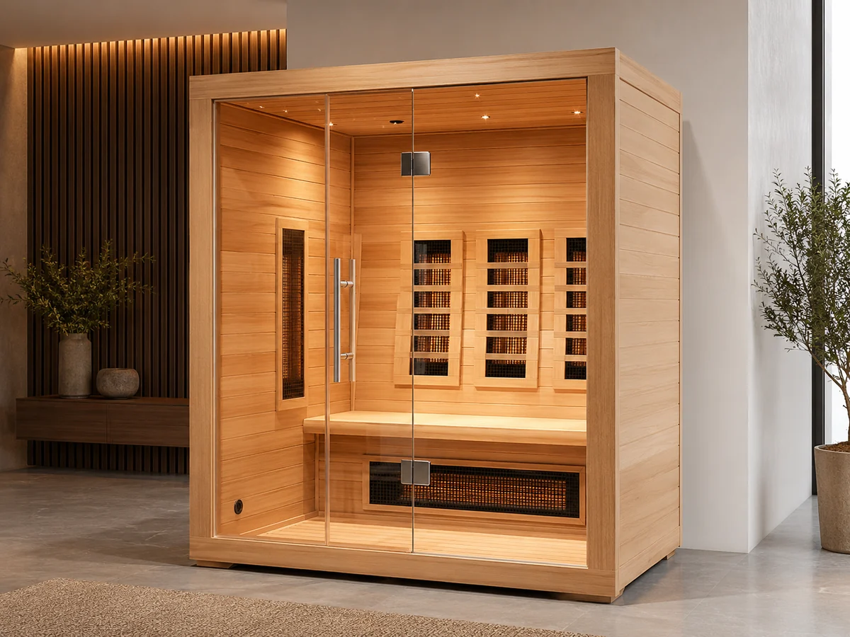 Modern infrared sauna cabin with wall-mounted emitters arranged around a two-seat bench