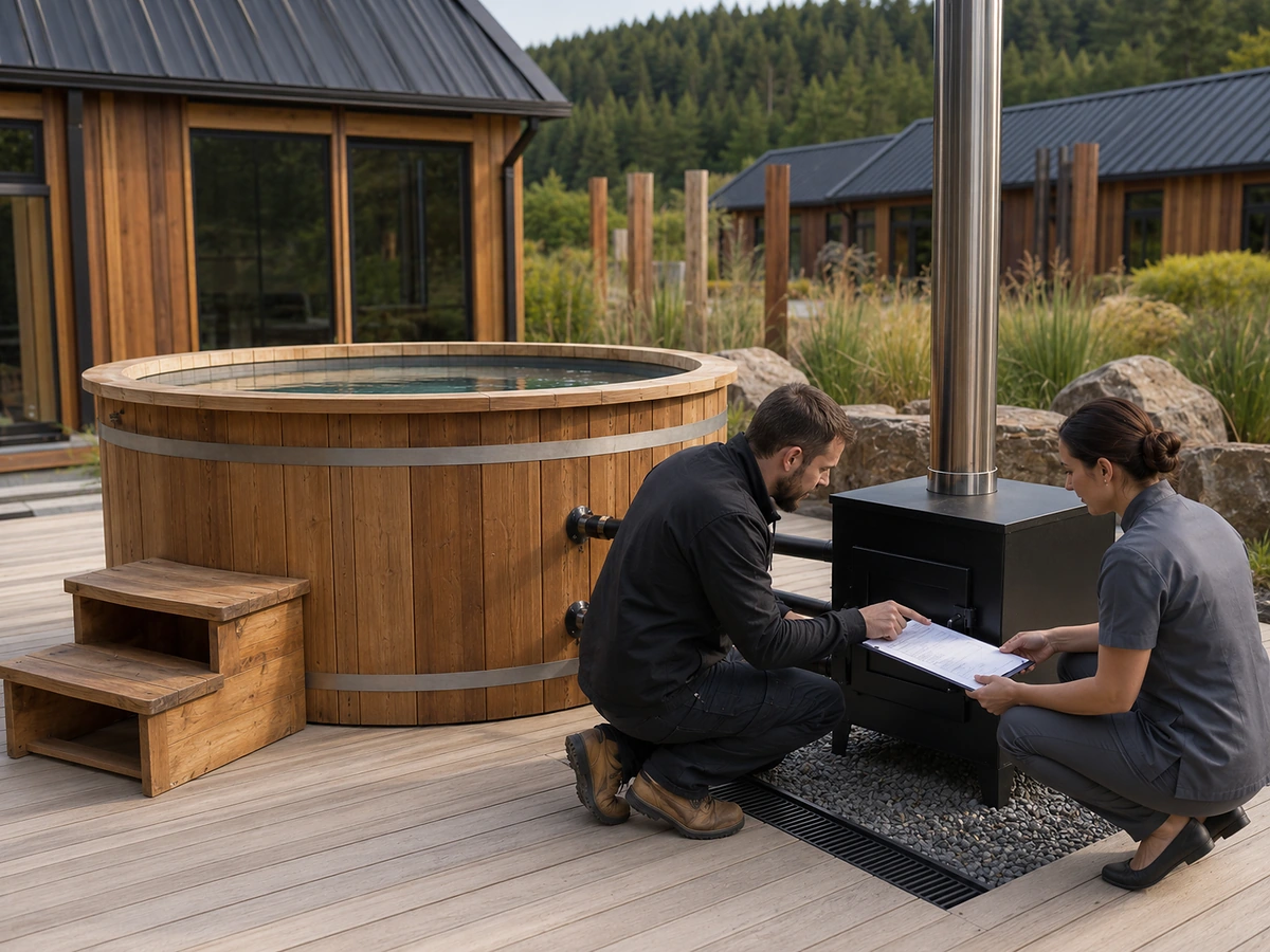 Installer and venue operator completing pre-fire checks for a wood-fired hot tub