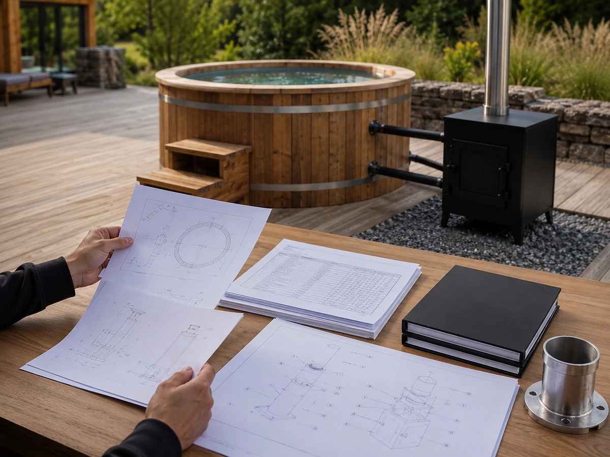 Controlled drawings, component schedule and revision documents for a wood-fired hot tub configuration