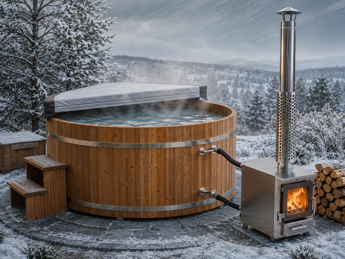 Wood-fired hot tub operating in winter with an external stove, insulated cover and dry firewood