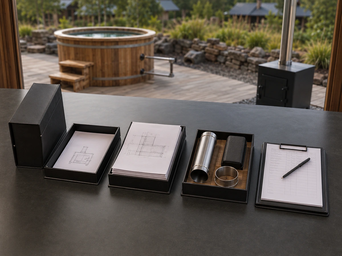 Staged technical document folders and component samples for project approval