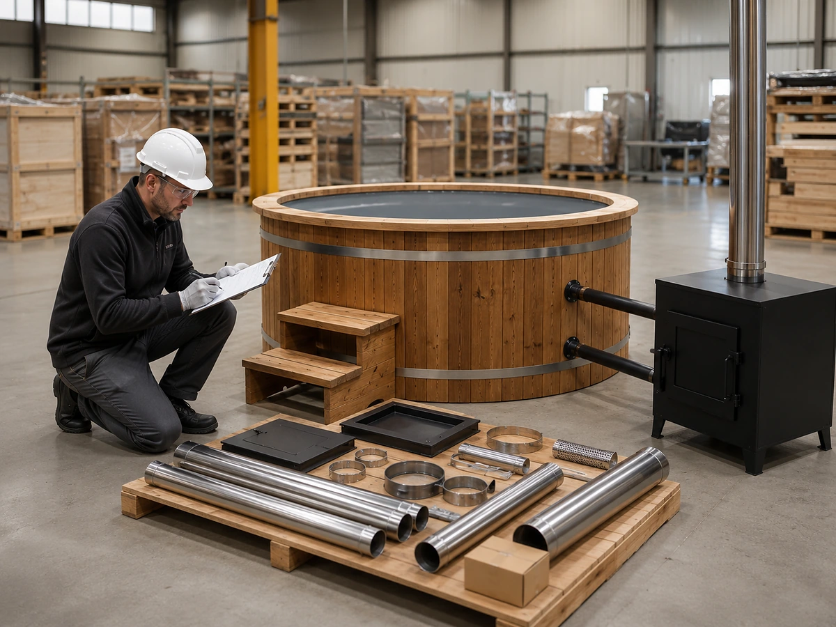 Inspector matching wood-fired hot tub, stove and flue components to a release checklist