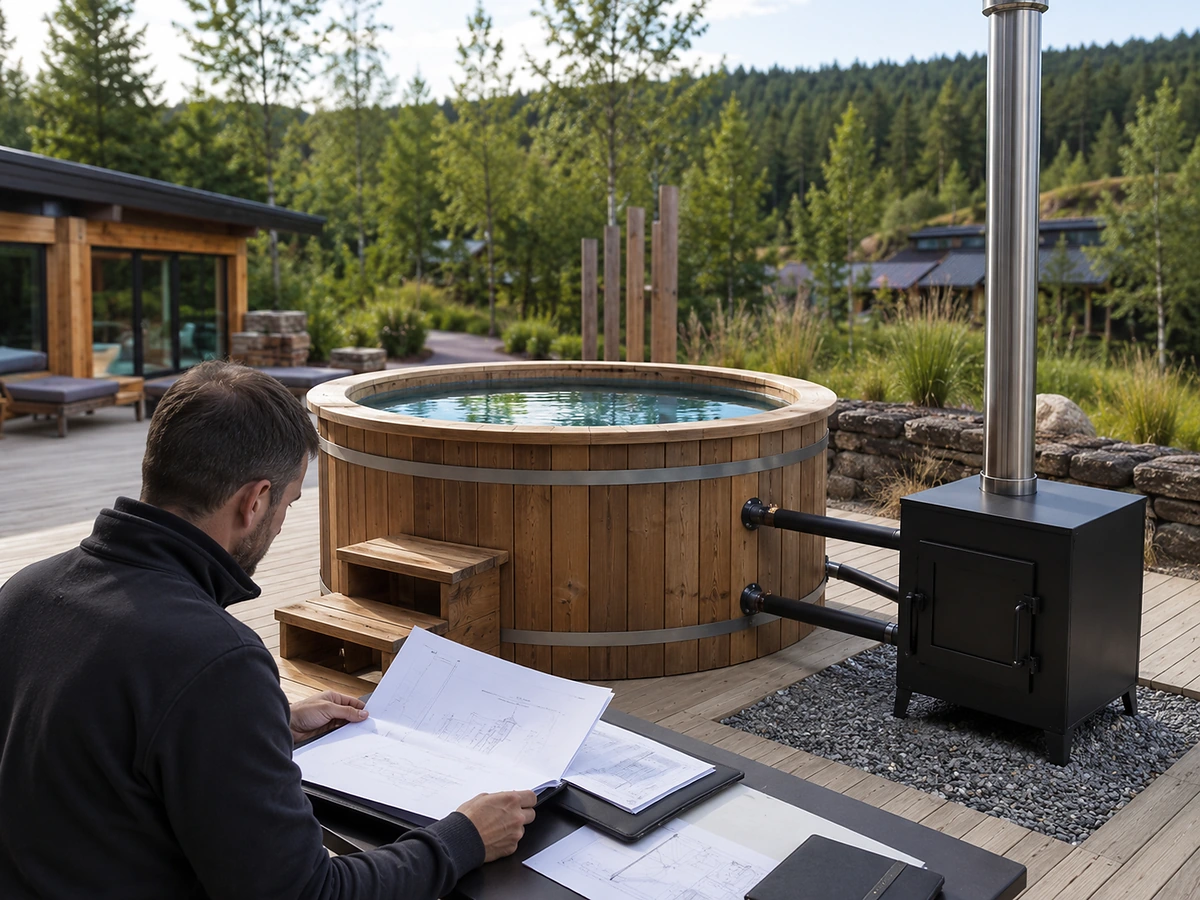 Project buyer reviewing controlled drawings beside a wood-fired hot tub with an external stove and flue