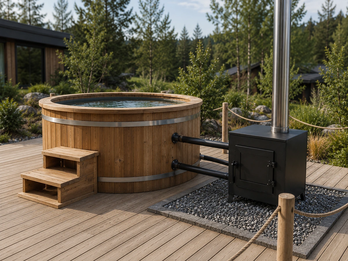 External stove, water connections and vertical flue for a wood-fired hot tub
