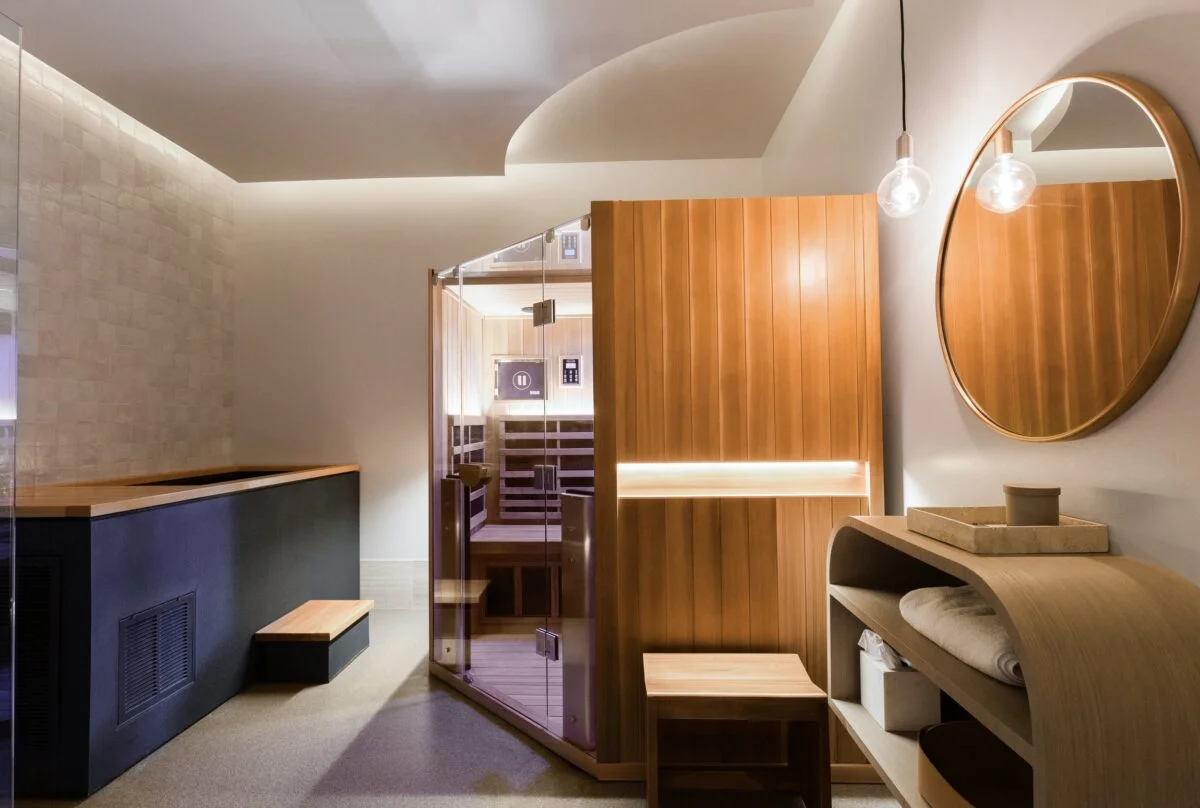 Commercial wellness center interior with sauna facilities