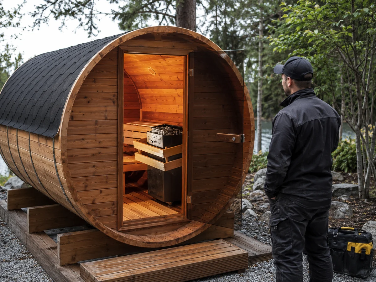 Barrel sauna first heat commissioning inspection after installation