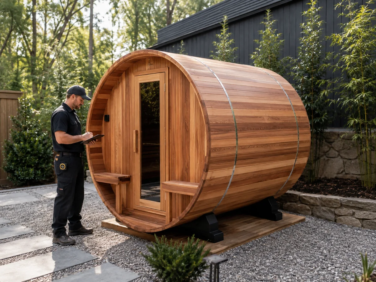 Installer inspecting a completed barrel sauna during commissioning handover