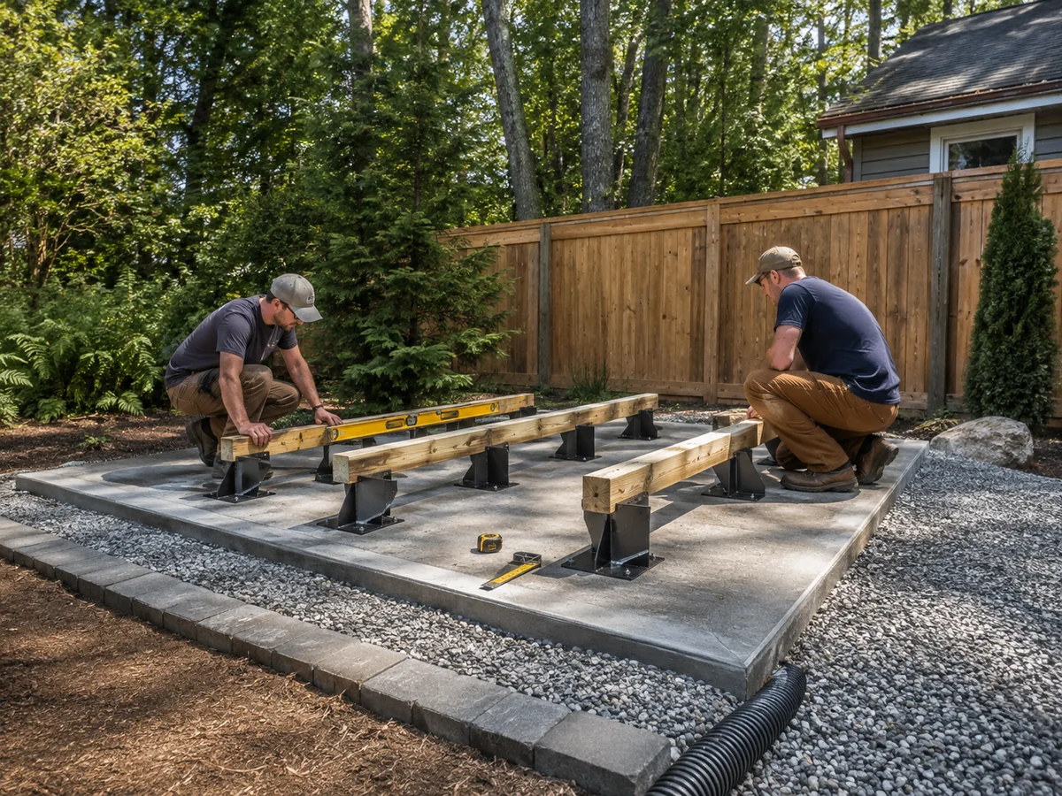 Barrel sauna foundation support layout being checked before shell assembly