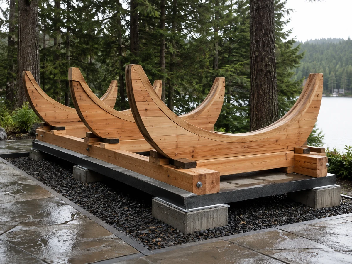 Barrel sauna foundation and cradle layout before shell assembly