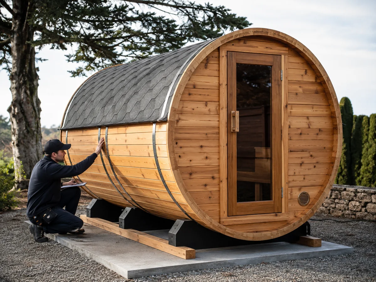 Barrel sauna installation on a prepared outdoor foundation during final commissioning inspection