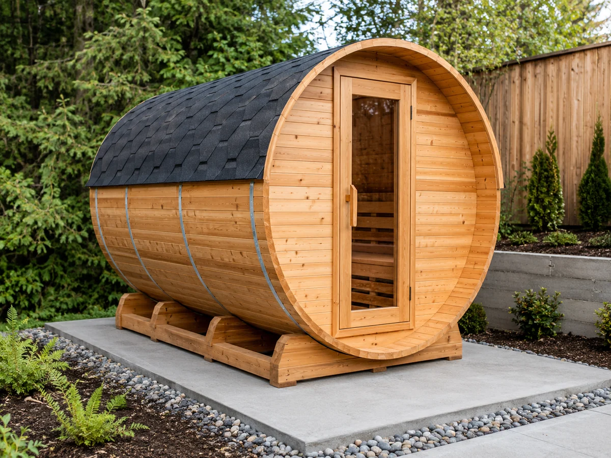 Completed outdoor barrel sauna installation on a prepared foundation