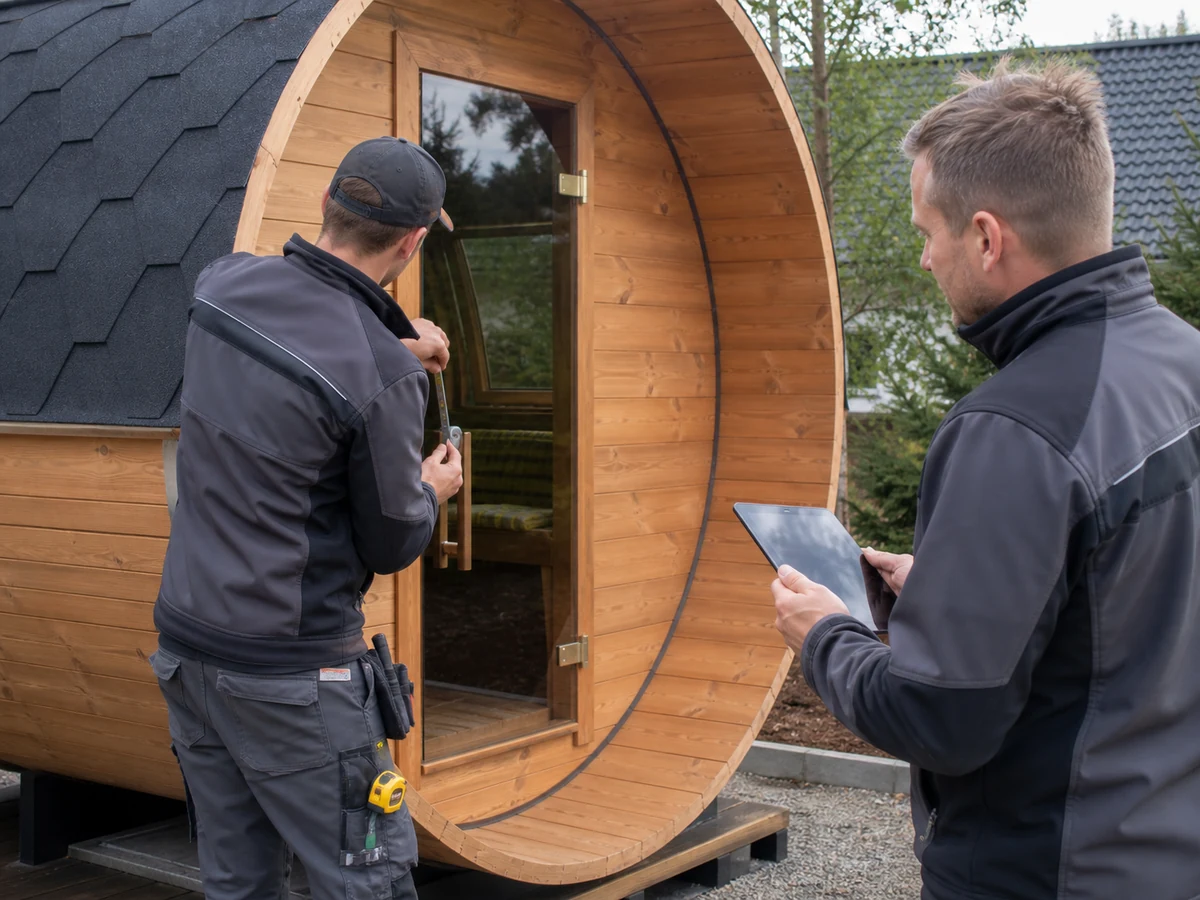 Quality technician inspecting and correcting a barrel sauna door fit before final acceptance