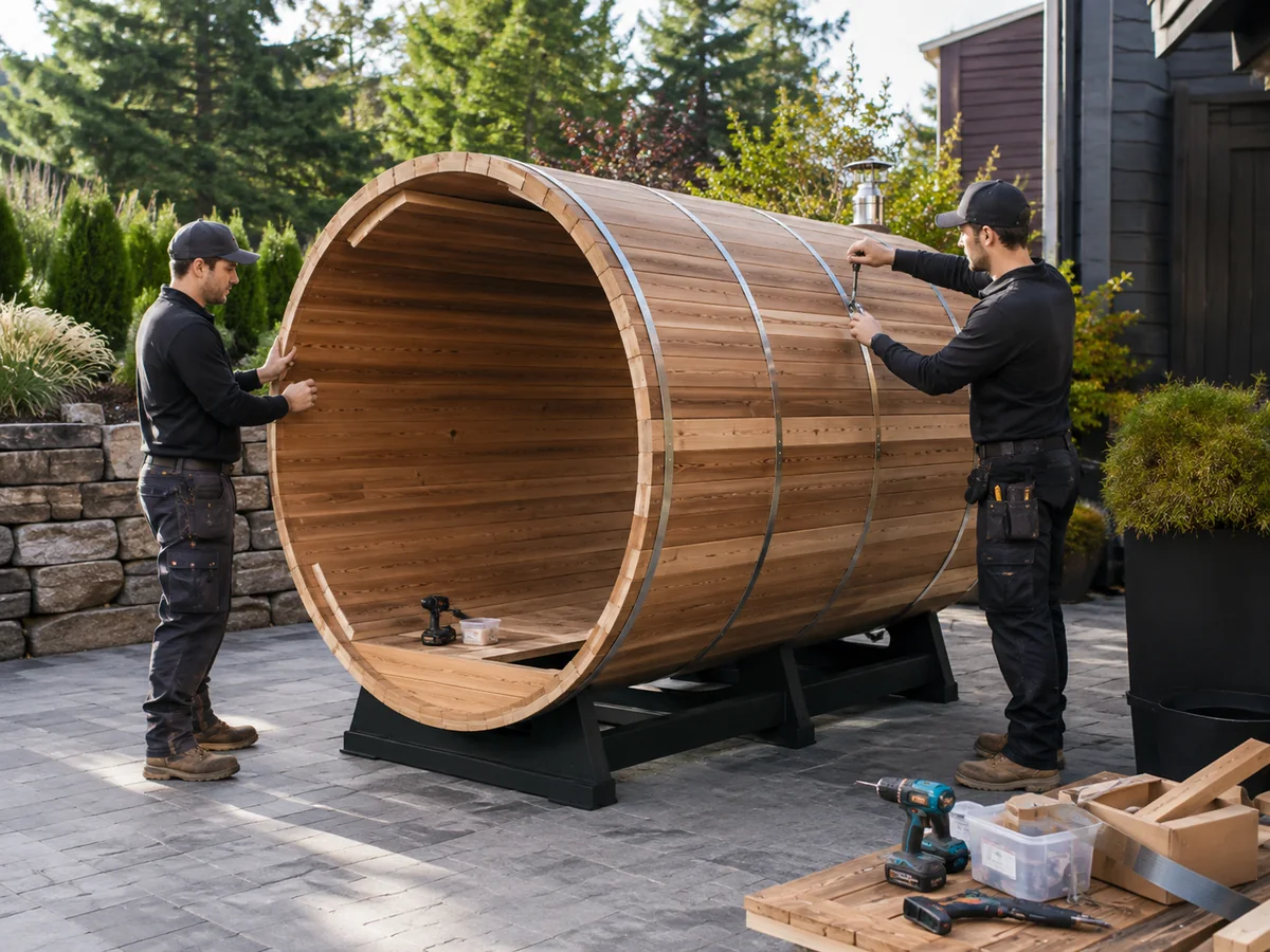 Installers progressively assembling barrel sauna staves and retaining bands
