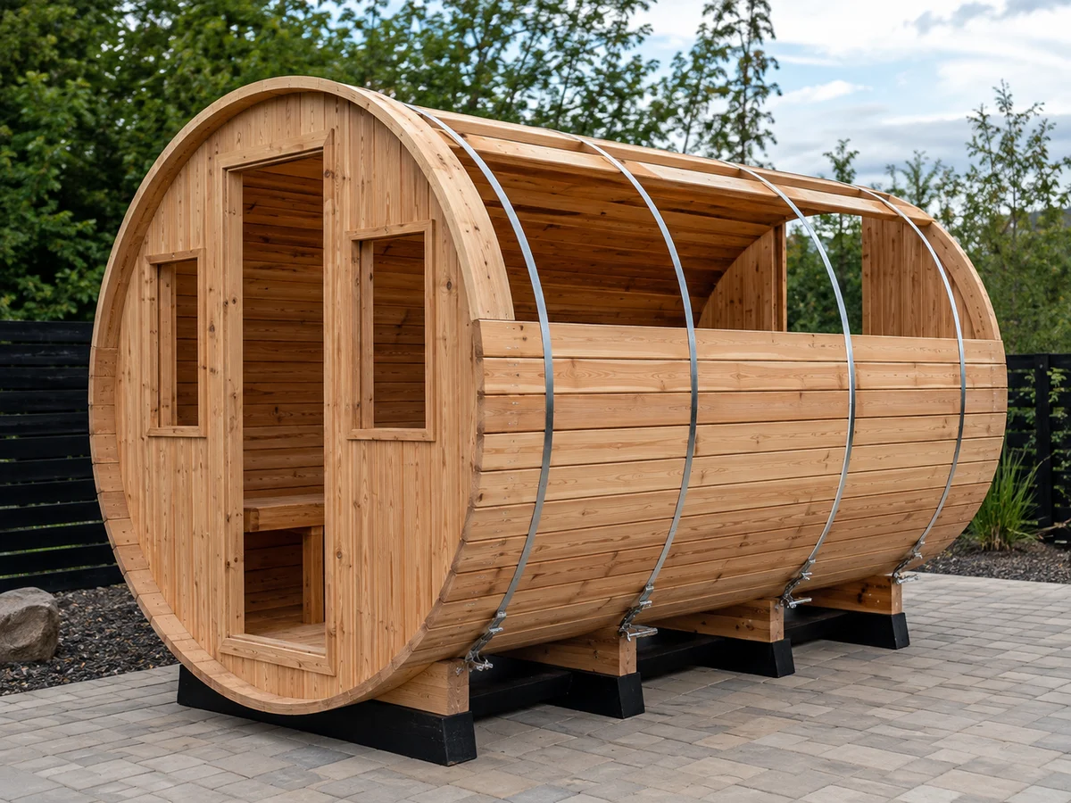 Barrel sauna staves end wall and steel bands during assembly