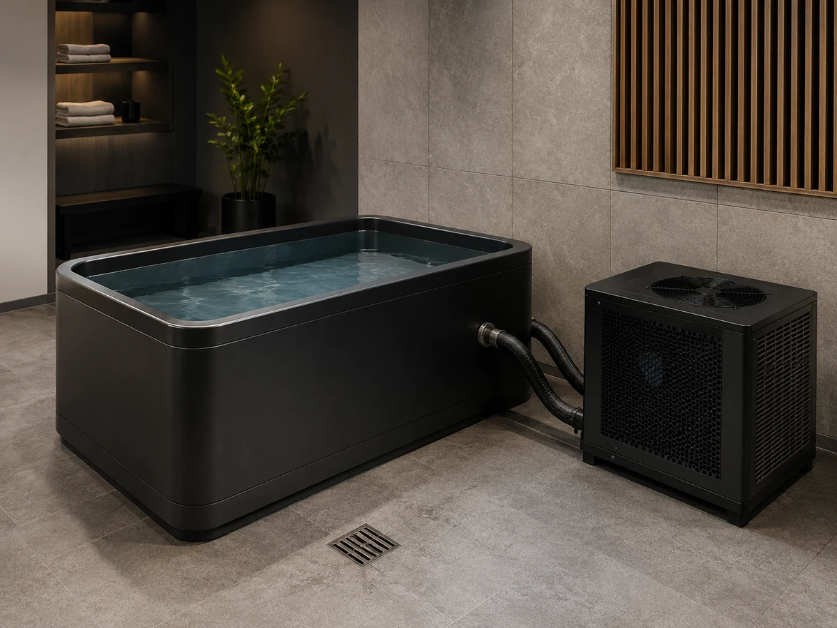 Cold plunge chiller system showing tub circulation, hose route and cooling equipment planning