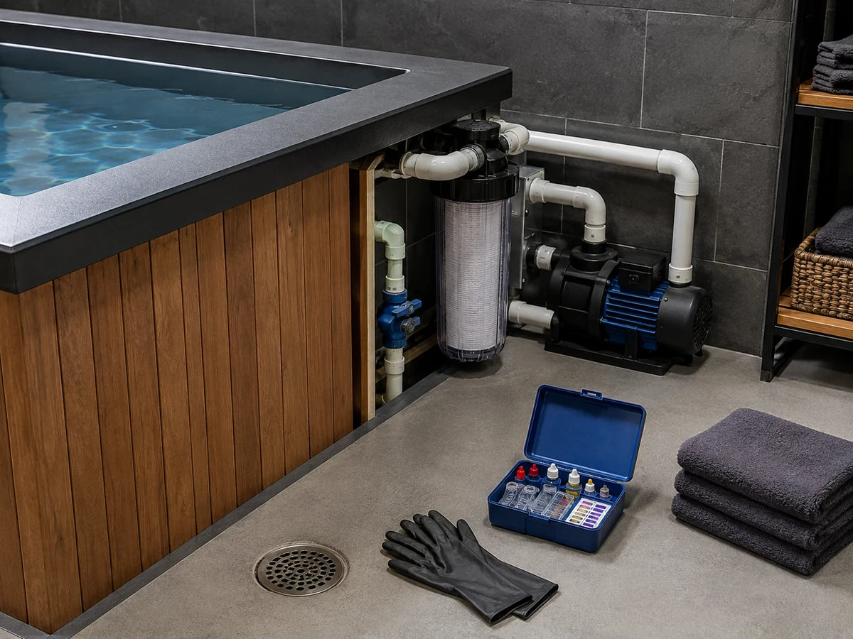 Cold plunge filtration and water-care maintenance scene with filter access, clean drain route and tub system components