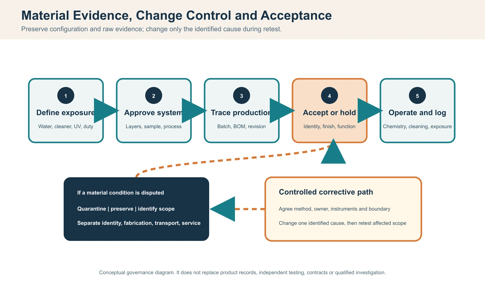 Cold plunge material evidence workflow showing exposure definition, sample approval, production traceability, acceptance, investigation and controlled retest