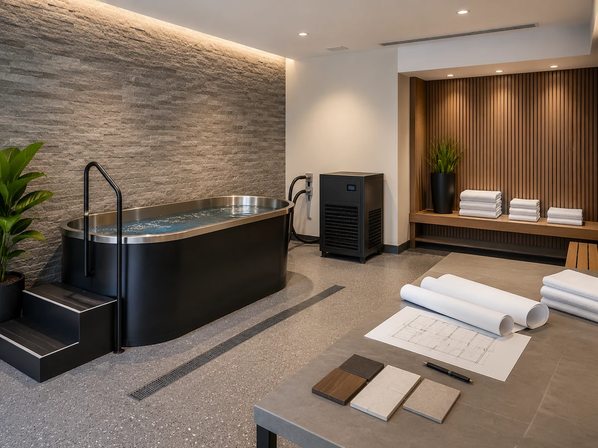 Commercial recovery room planning scene for daily cold plunge use, maintenance workflow and project quotation inputs