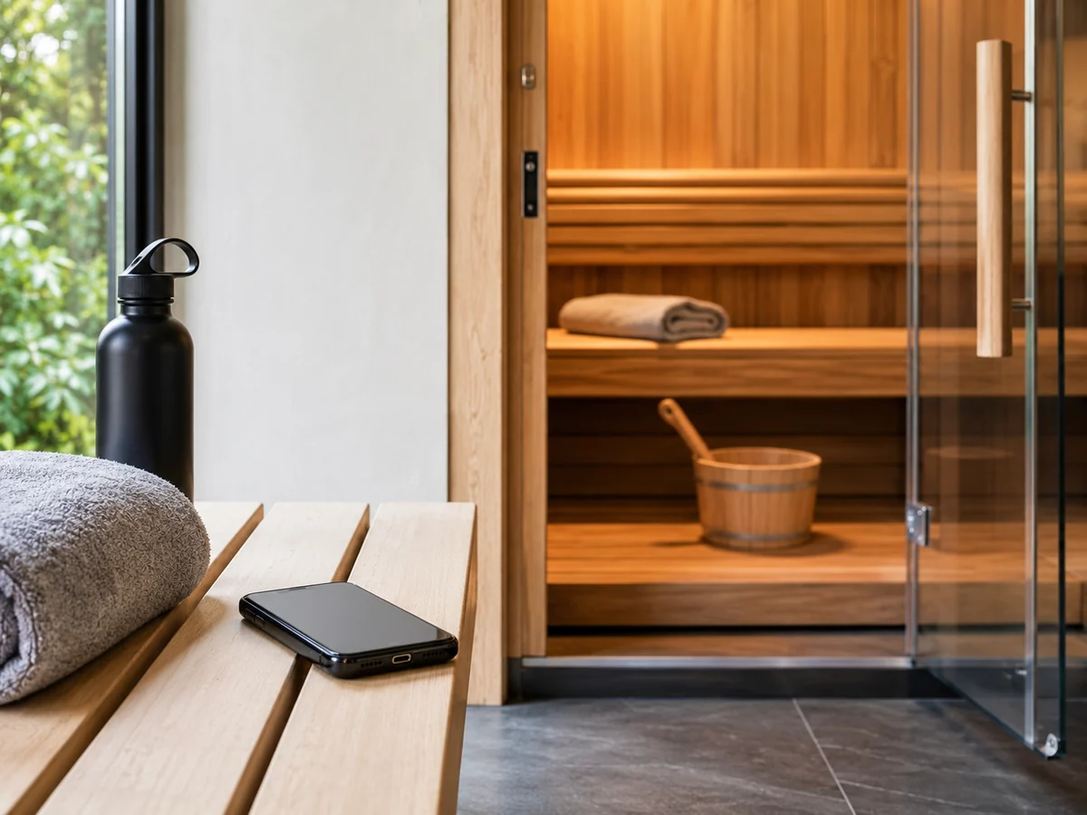 Commercial sauna entrance with no phone policy signage and phone left outside