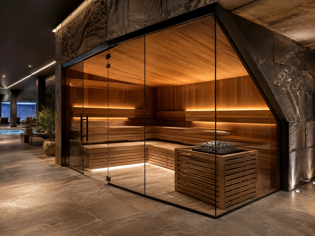 Custom-built sauna integrated into a commercial wellness interior with glass, benches and architectural constraints