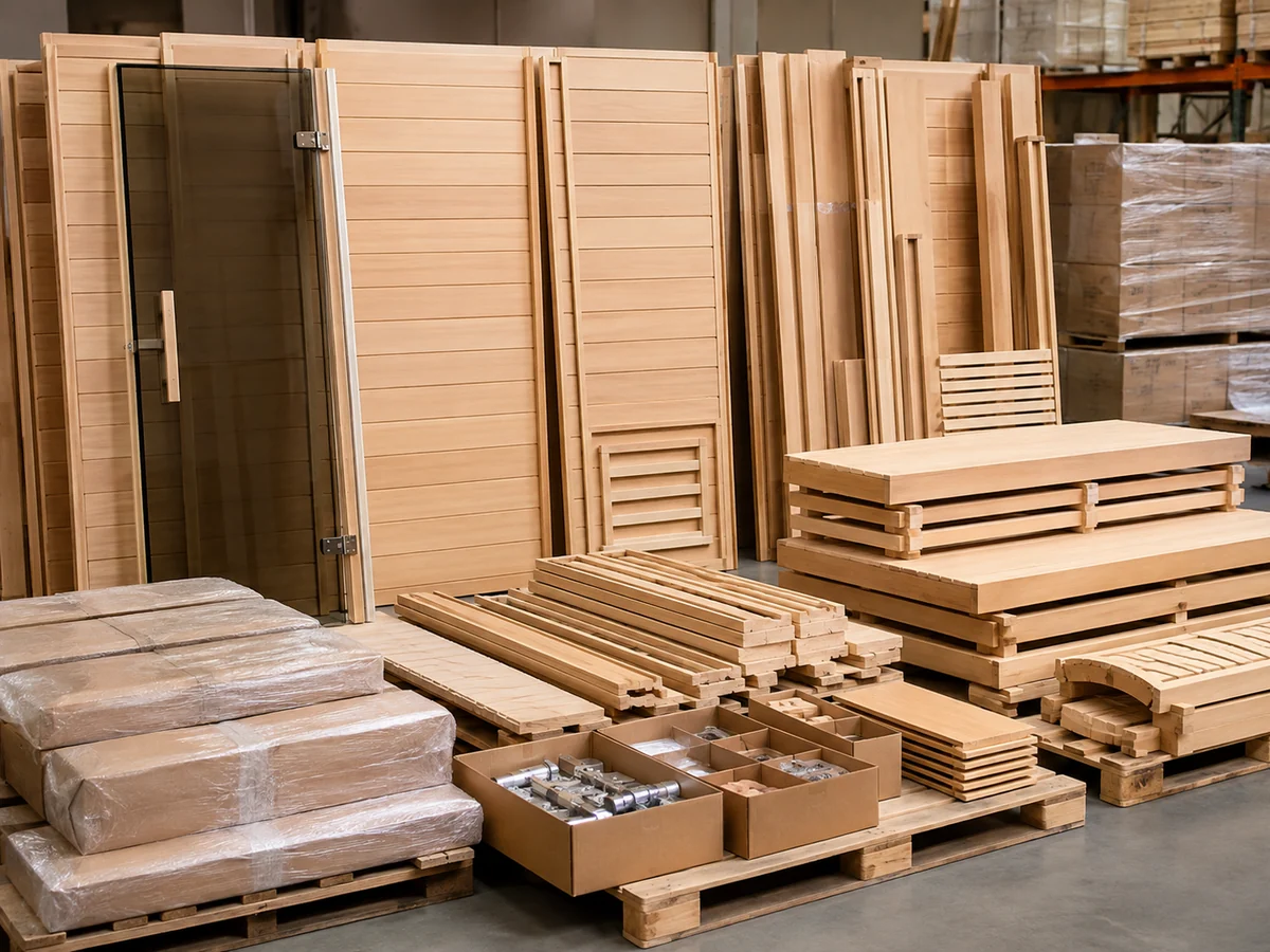 Factory-prepared sauna kit components organized for installation planning and scope review