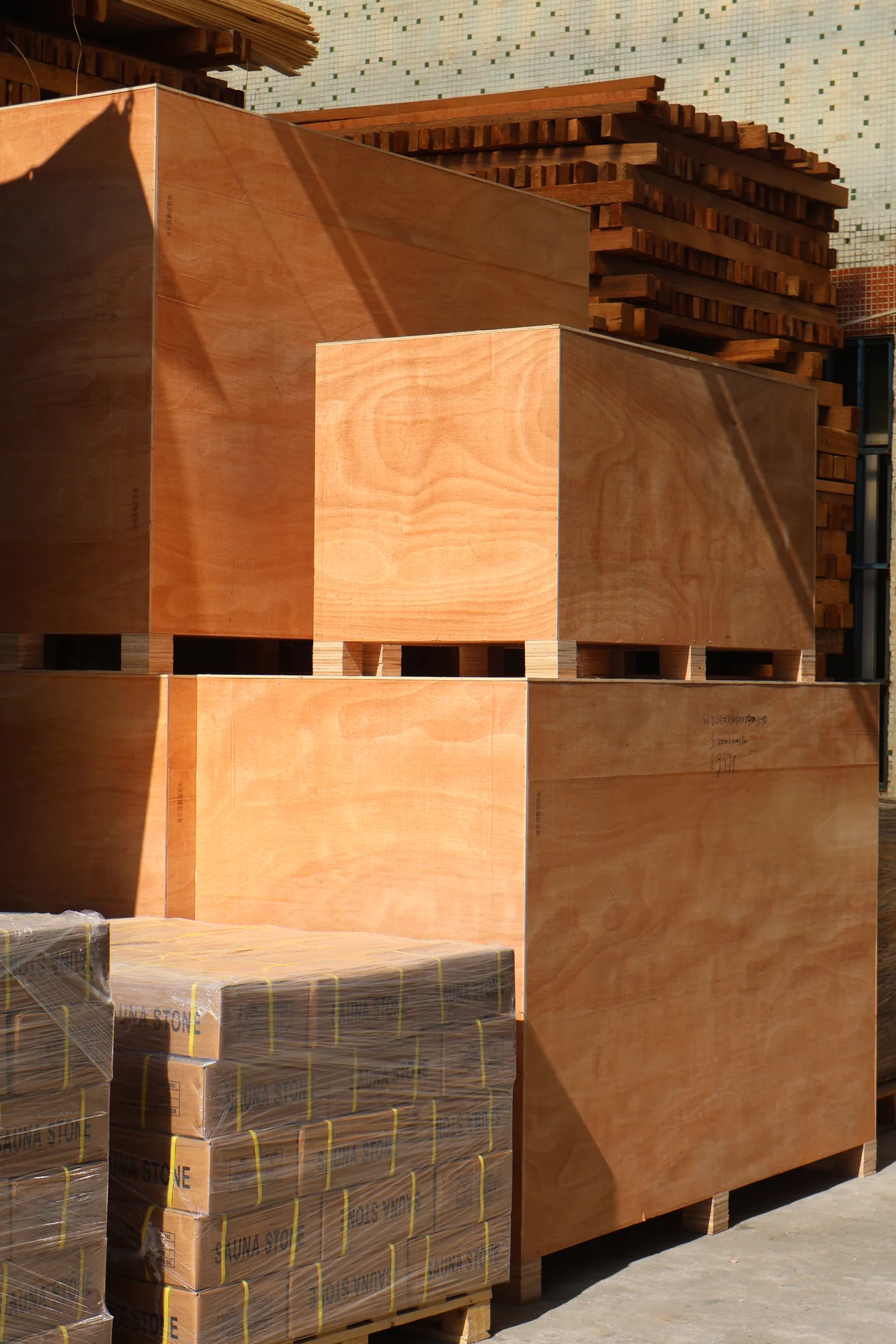 Export sauna components protected in timber crates before shipment