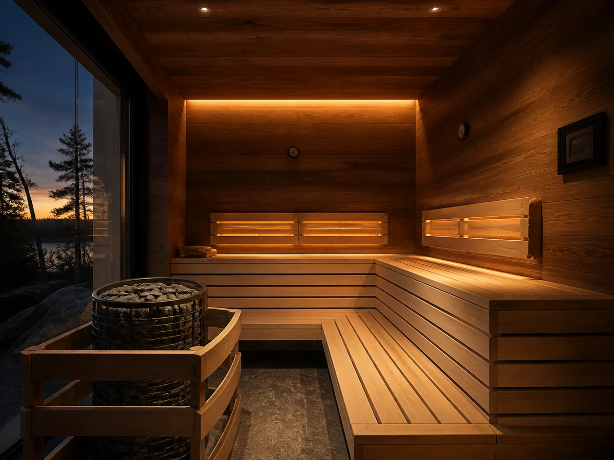 Hybrid outdoor sauna interior with traditional heater infrared emitters and coordinated control panel