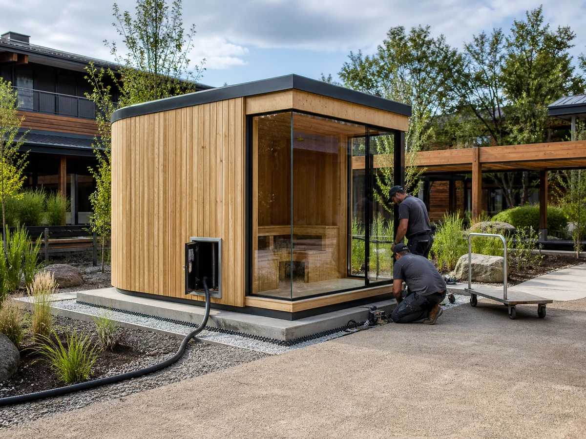 Hybrid outdoor sauna installation with delivery access foundation drainage and protected utility entry