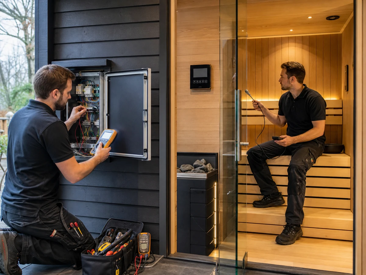 Technician commissioning a hybrid sauna with temperature logger controller and electrical test equipment