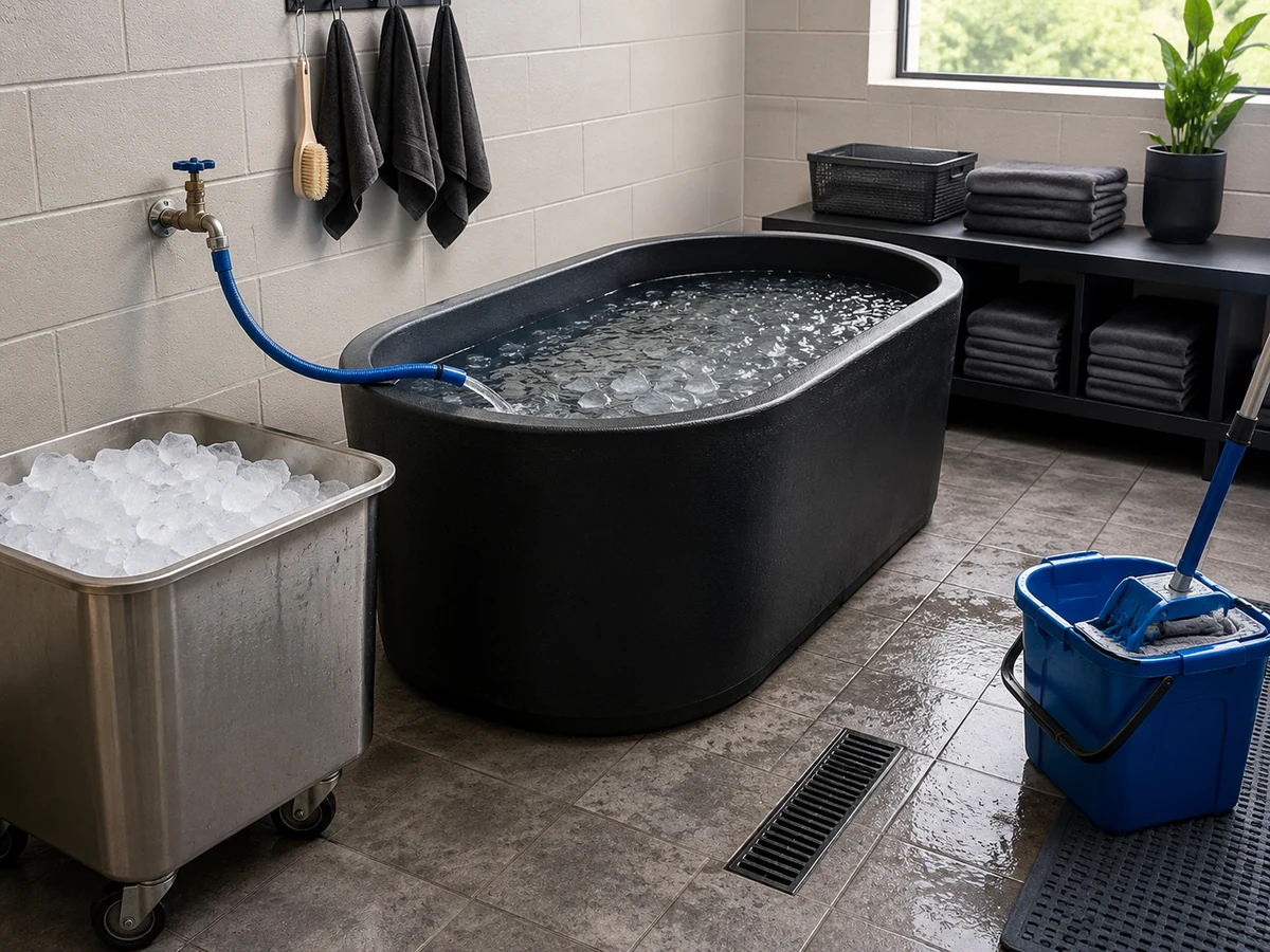 Ice bath preparation scene showing ice, water, tub access and manual daily setup requirements