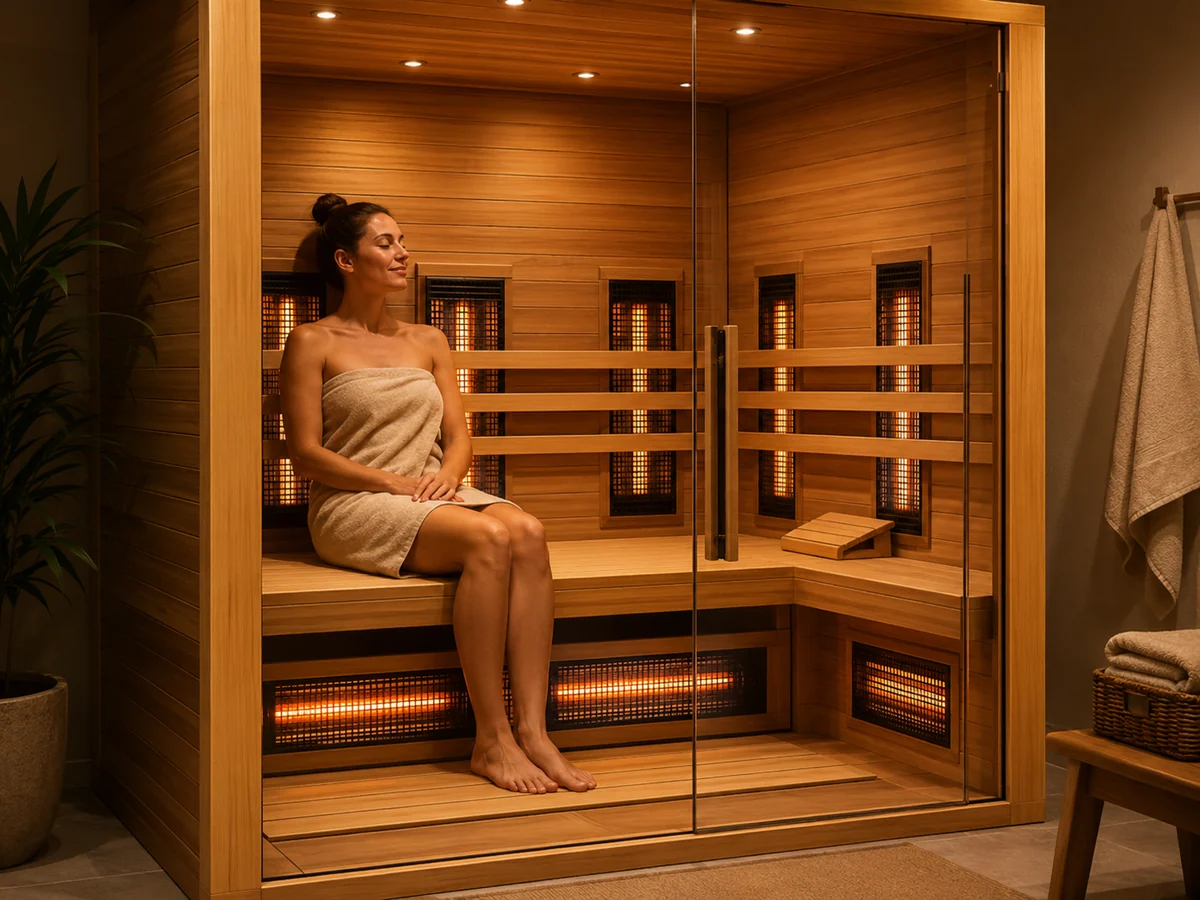 Adult seated in an infrared sauna with wall heating panels