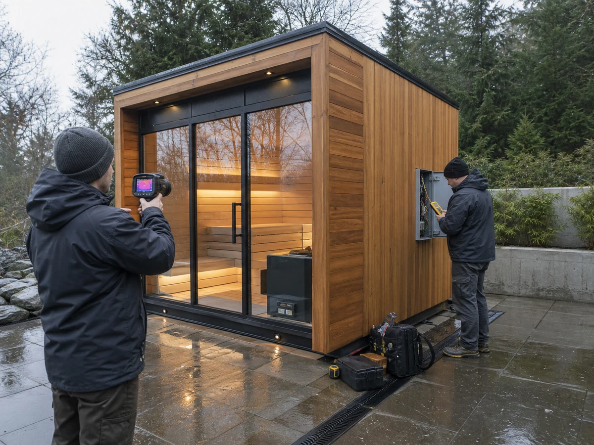Technicians carrying out outdoor sauna weather and commissioning checks at a completed project