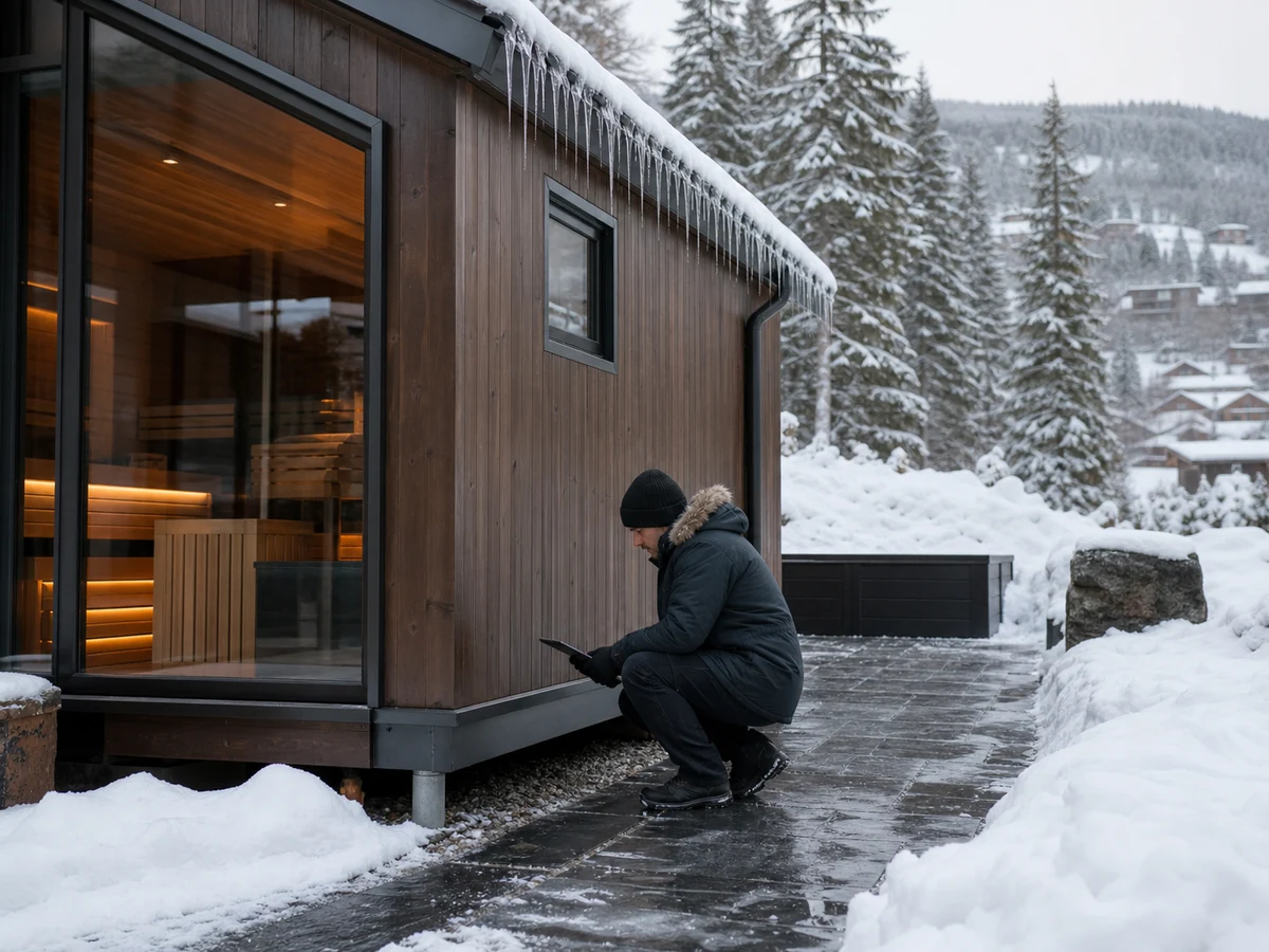 Cold climate outdoor sauna site assessment with snow drainage access and roof exposure visible