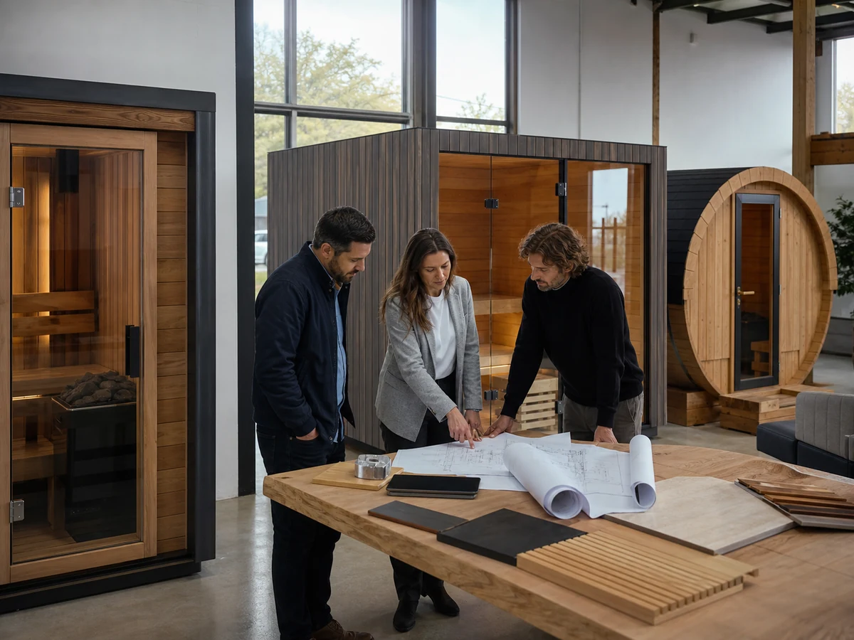 Distributor team reviewing outdoor sauna models and project requirements in a commercial selection workshop