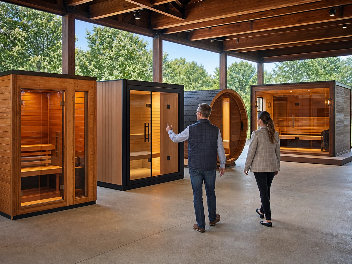 Distributor showroom displaying compact cabin cube barrel and hybrid outdoor sauna formats