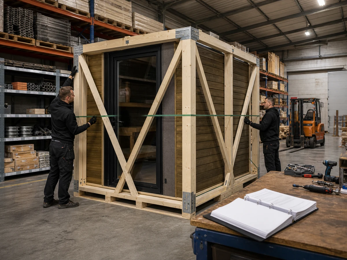 Outdoor sauna logistics and service readiness Outdoor sauna distribution facility with protected packing spare parts and service preparation
