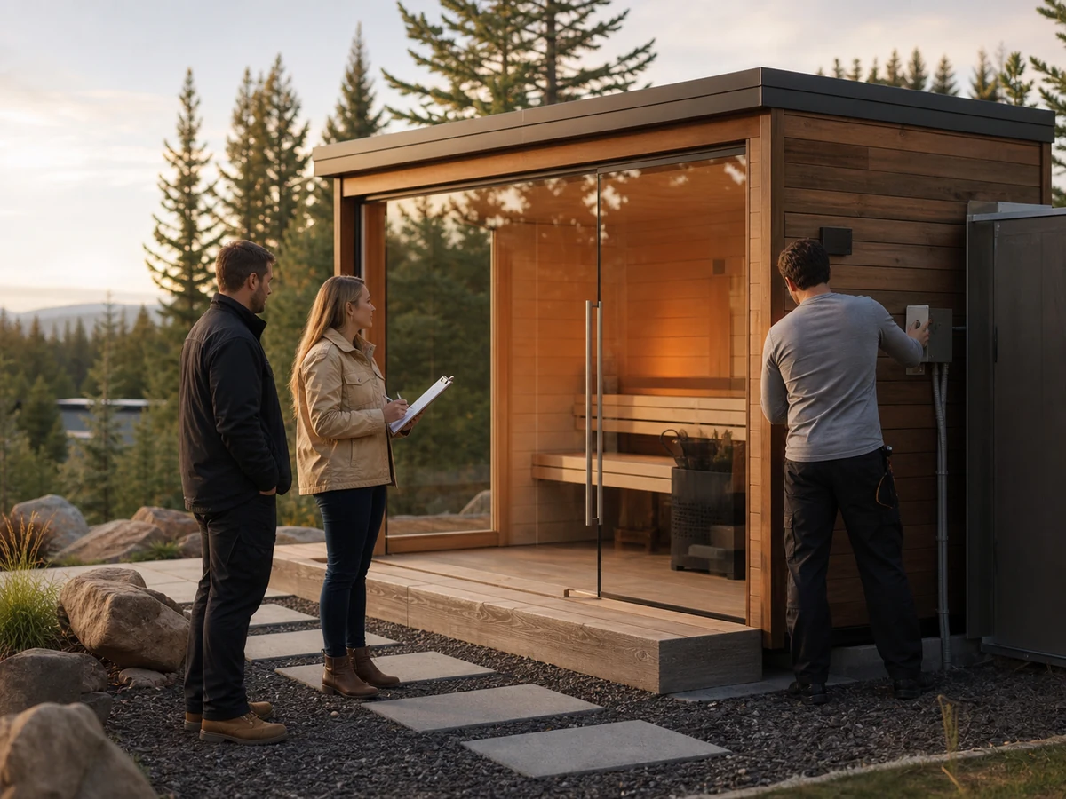 Outdoor sauna pilot installation review Distributor and installer reviewing a pilot outdoor sauna installation after commissioning