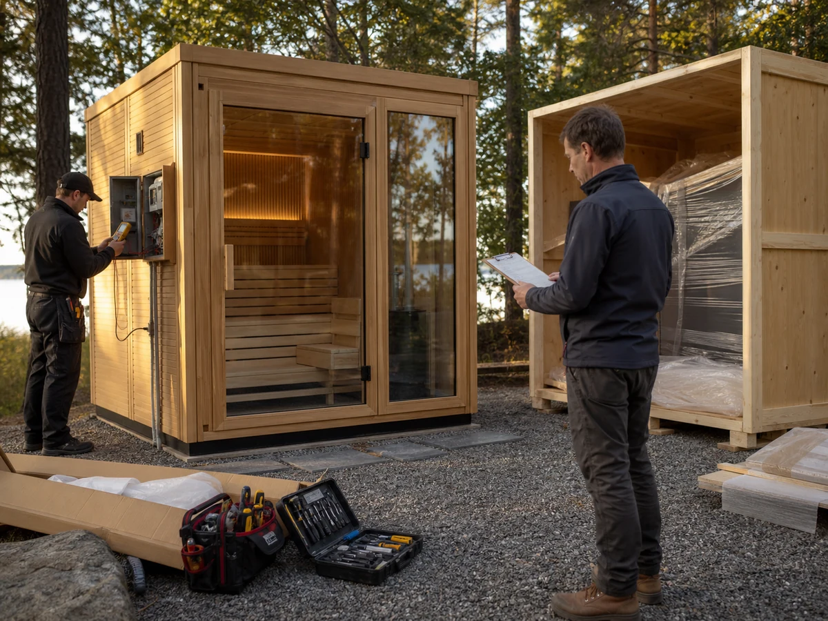 Project technician inspecting a newly delivered outdoor sauna before commissioning and handover