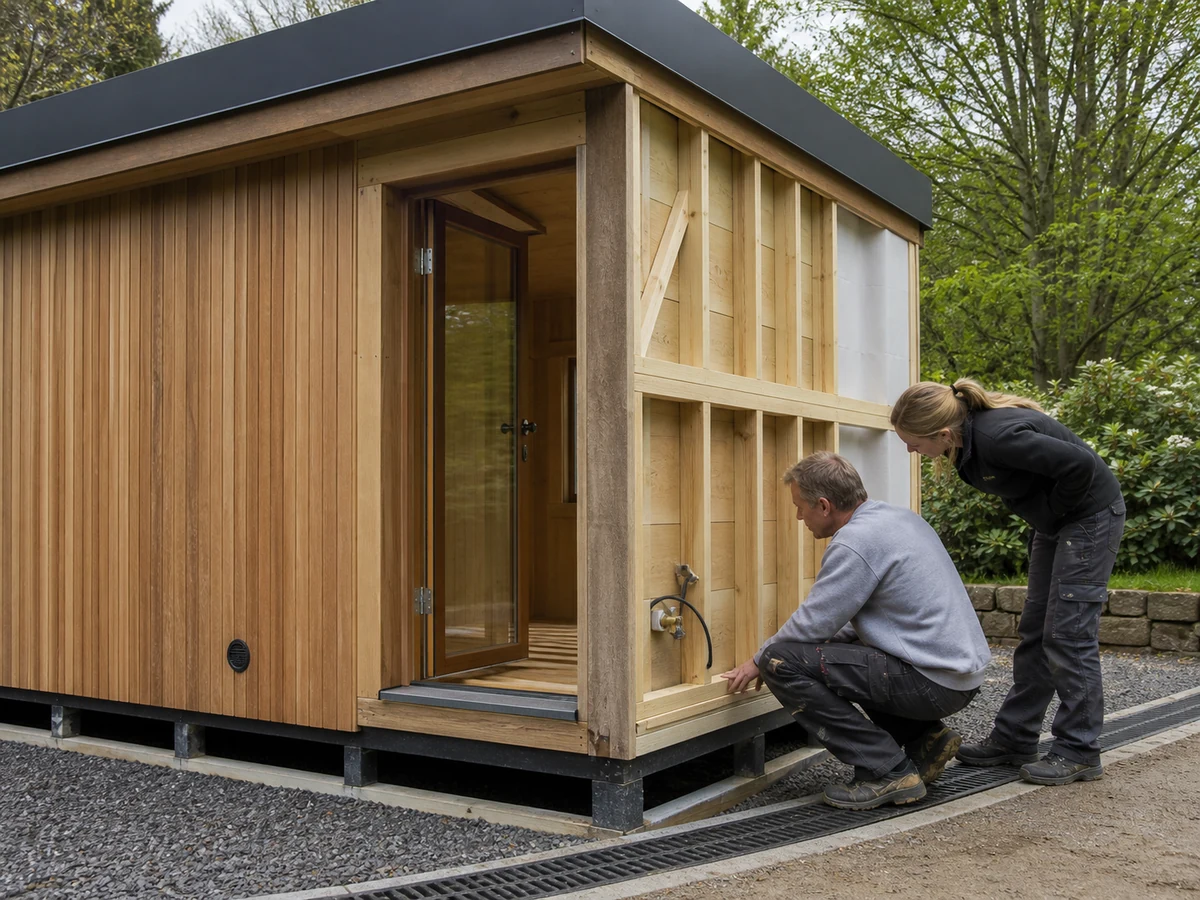 Outdoor sauna under construction showing roof edge door sill ventilated base and site drainage