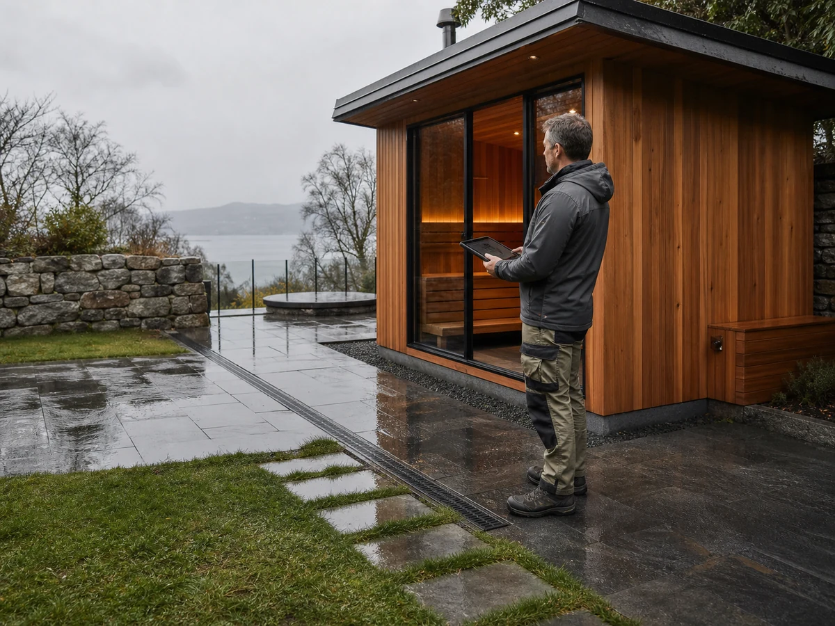 Technician assessing rain exposure drainage and maintenance access around an installed outdoor sauna