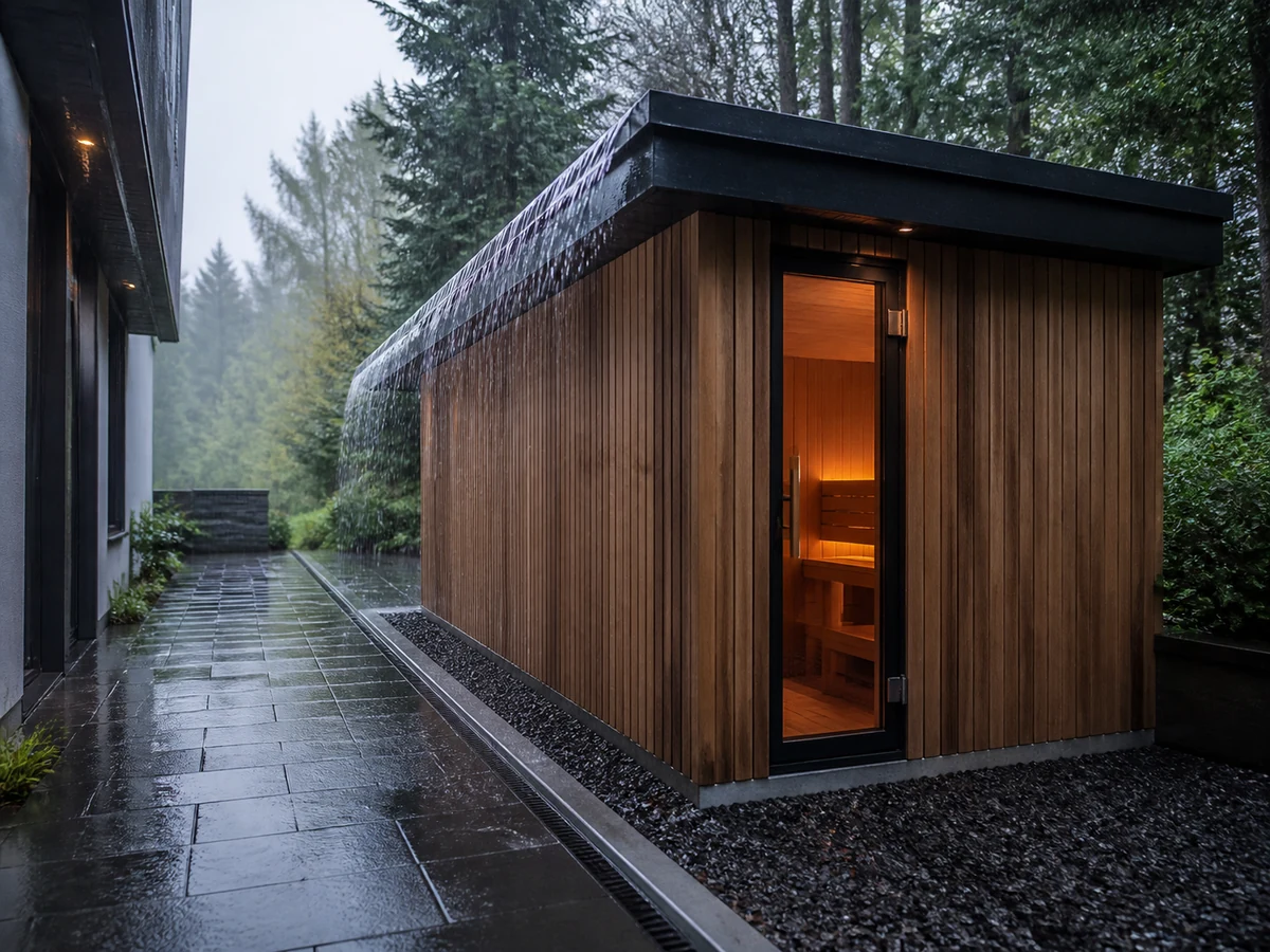 Outdoor sauna in heavy rain with roof runoff splash control and site drainage clearly visible