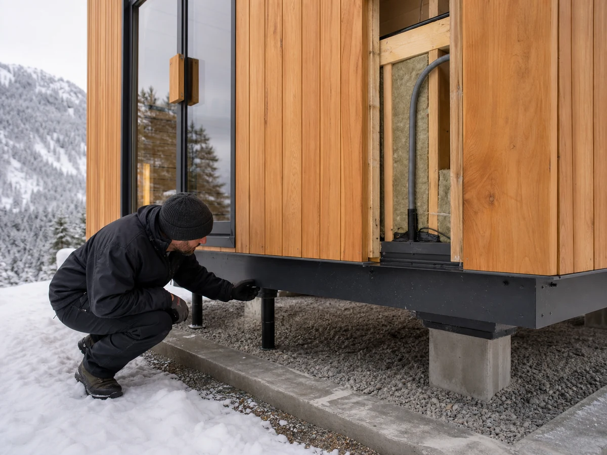 High realism outdoor sauna construction view showing winter envelope raised foundation and drained base