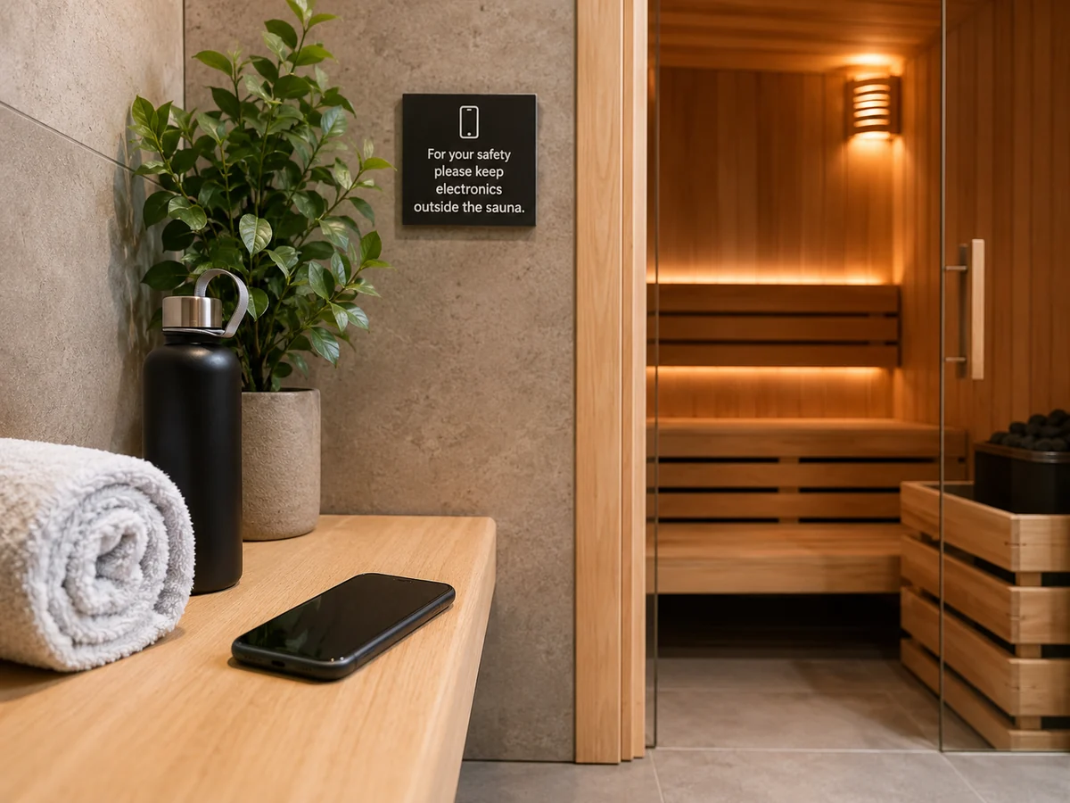 Phone left outside a sauna on a towel beside a water bottle for safer sauna use
