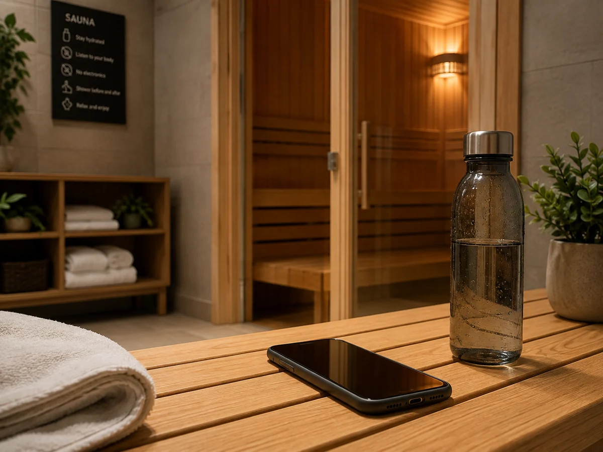 Phone stored outside a heated sauna area to reduce heat and battery stress