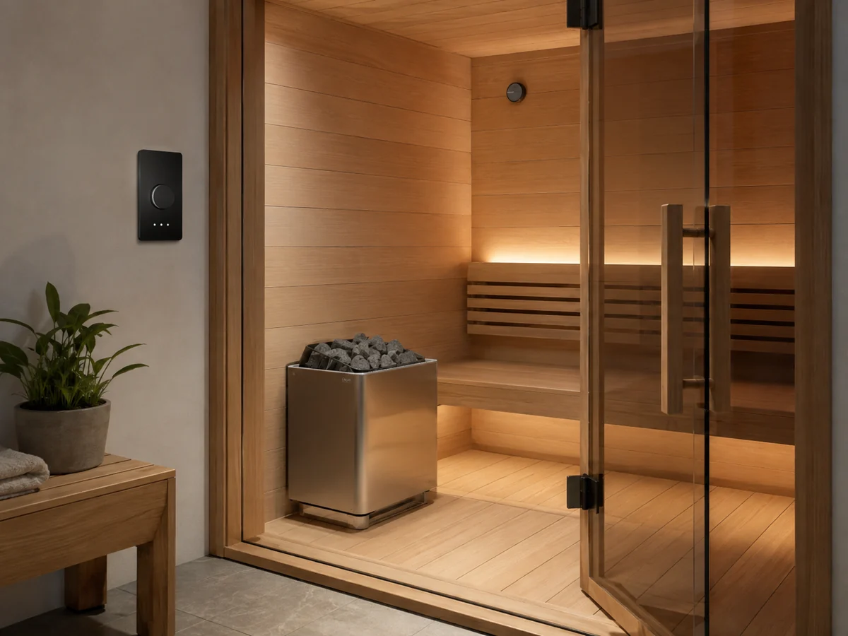 Electric sauna heater with separate control panel and temperature sensor