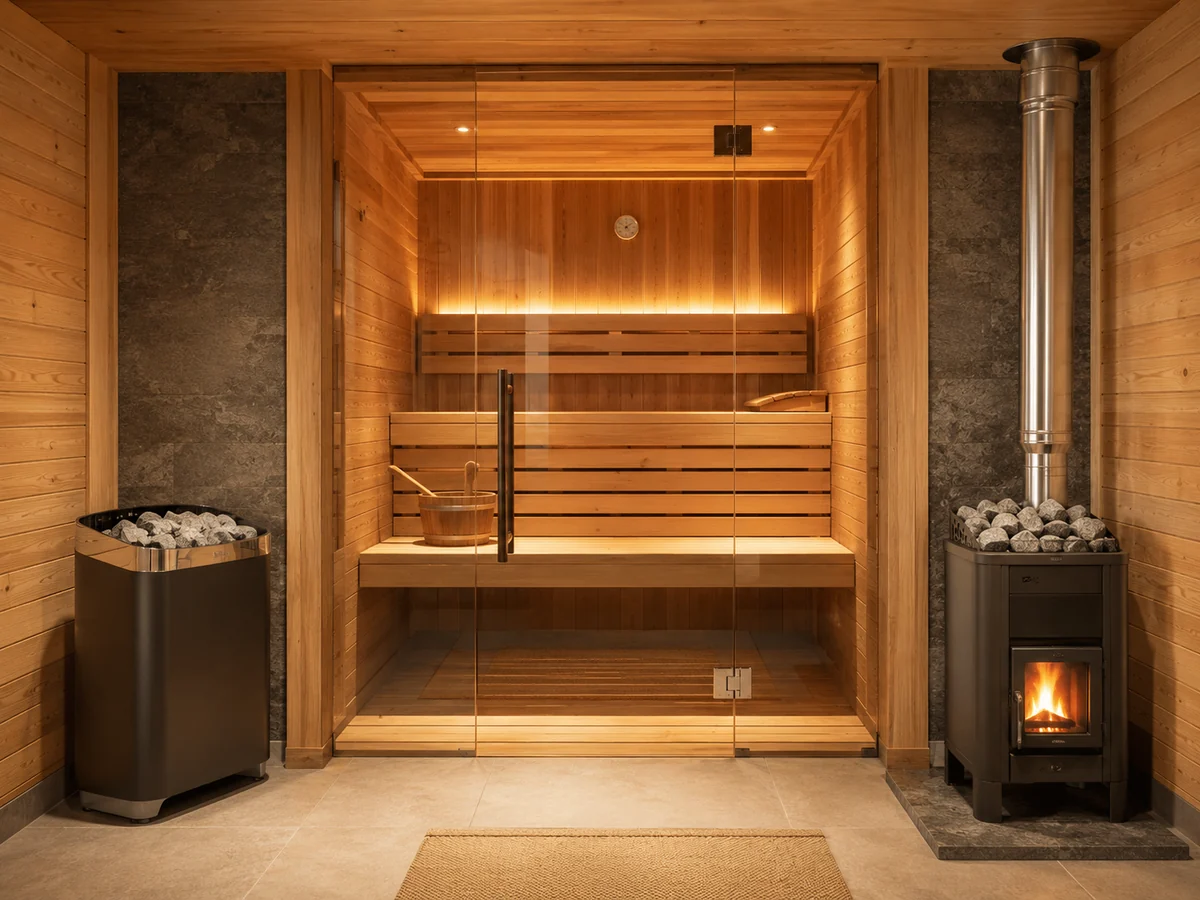 Electric and wood-burning sauna heater options shown in a traditional sauna setting