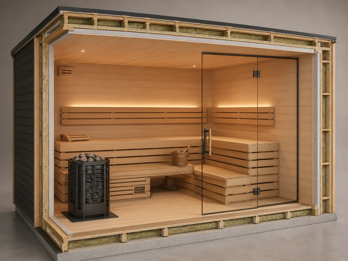 Sauna room showing volume, glass surfaces and insulation factors used for heater sizing