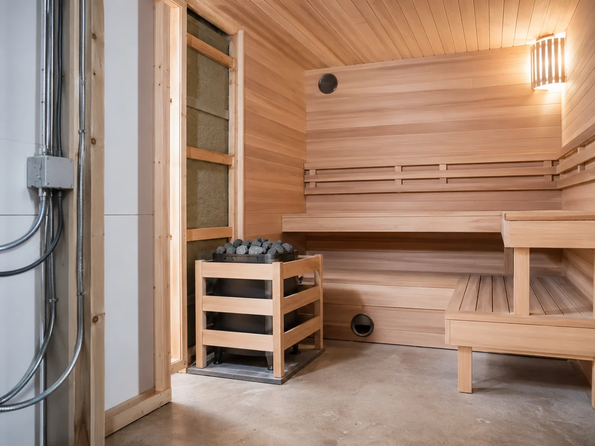 Sauna installation planning scene showing heater area, ventilation path, electrical route and site coordination