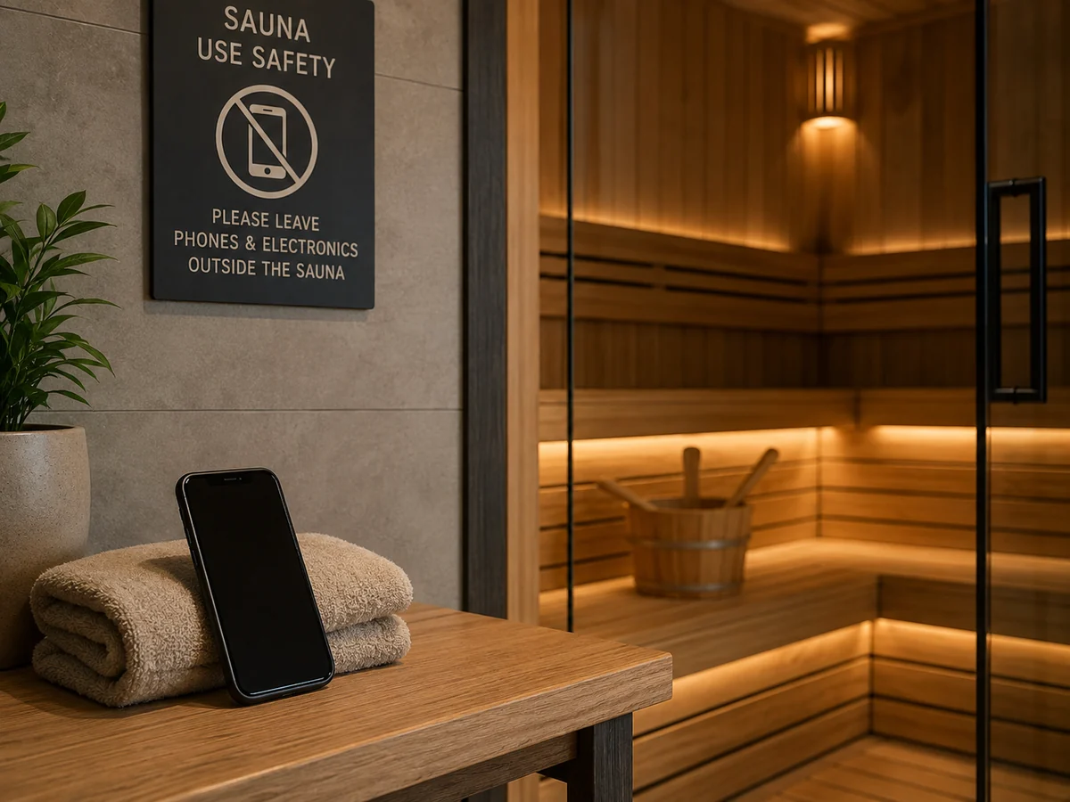 Phone outside a sauna environment with towel and moisture risk context
