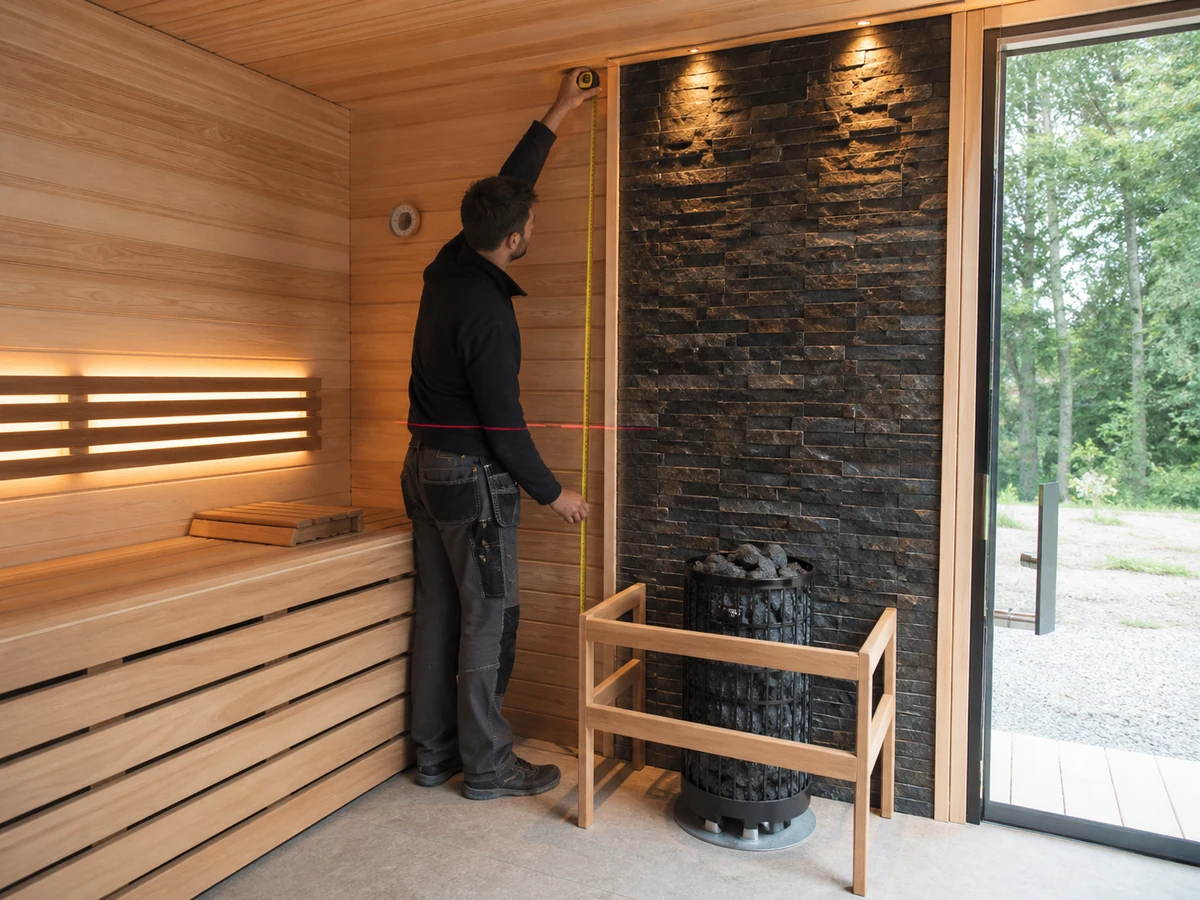 Technician measuring finished sauna dimensions glazing and exposed masonry surfaces